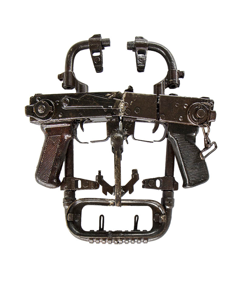AK47, Liberia, fyrkuna, blacksmith, war mask, african mask, sculpture, civil war, decommissioned weapons
